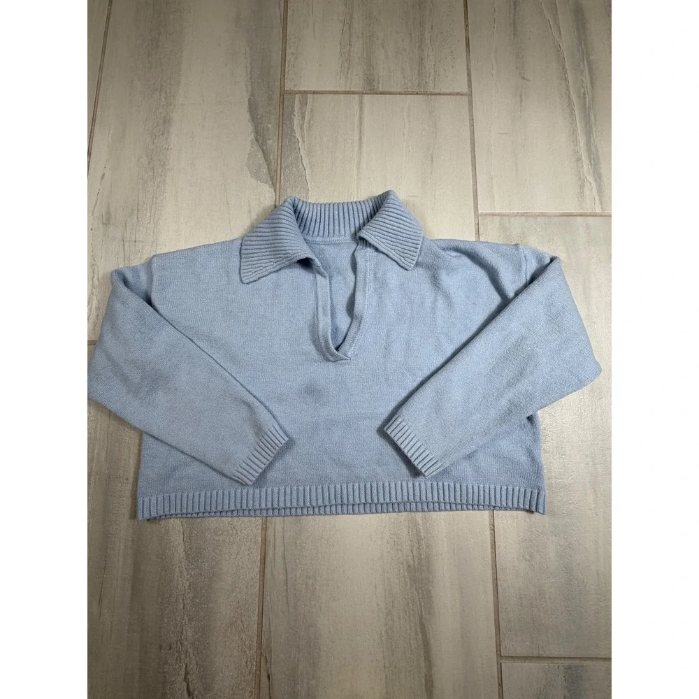 Edikted Light Blue Cropped Knit Sweater Spread Collar V-Neck Size S/M